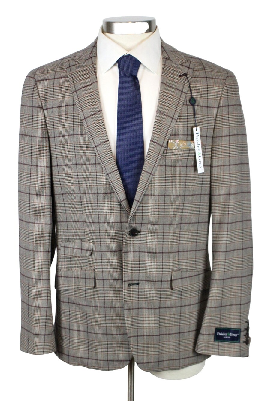 Paisley & Gray Sport Coat Mens 44 R Slim Fit Tan Burgundy Plaid Blazer Jacket